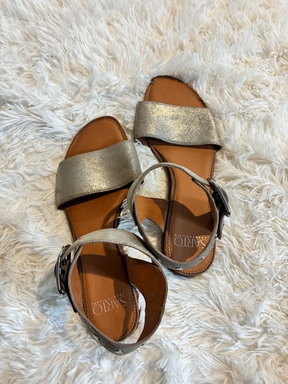 Franco Sarto Leather Metallic Ankle Strap Sandals Studded Flat Size 9